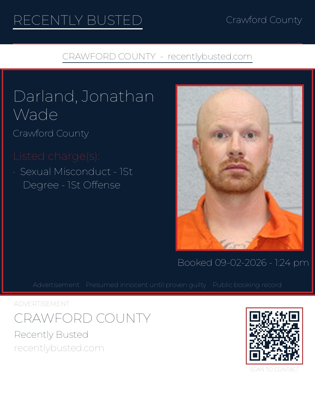 Darland, Jonathan Wade — arrest record card, Crawford County