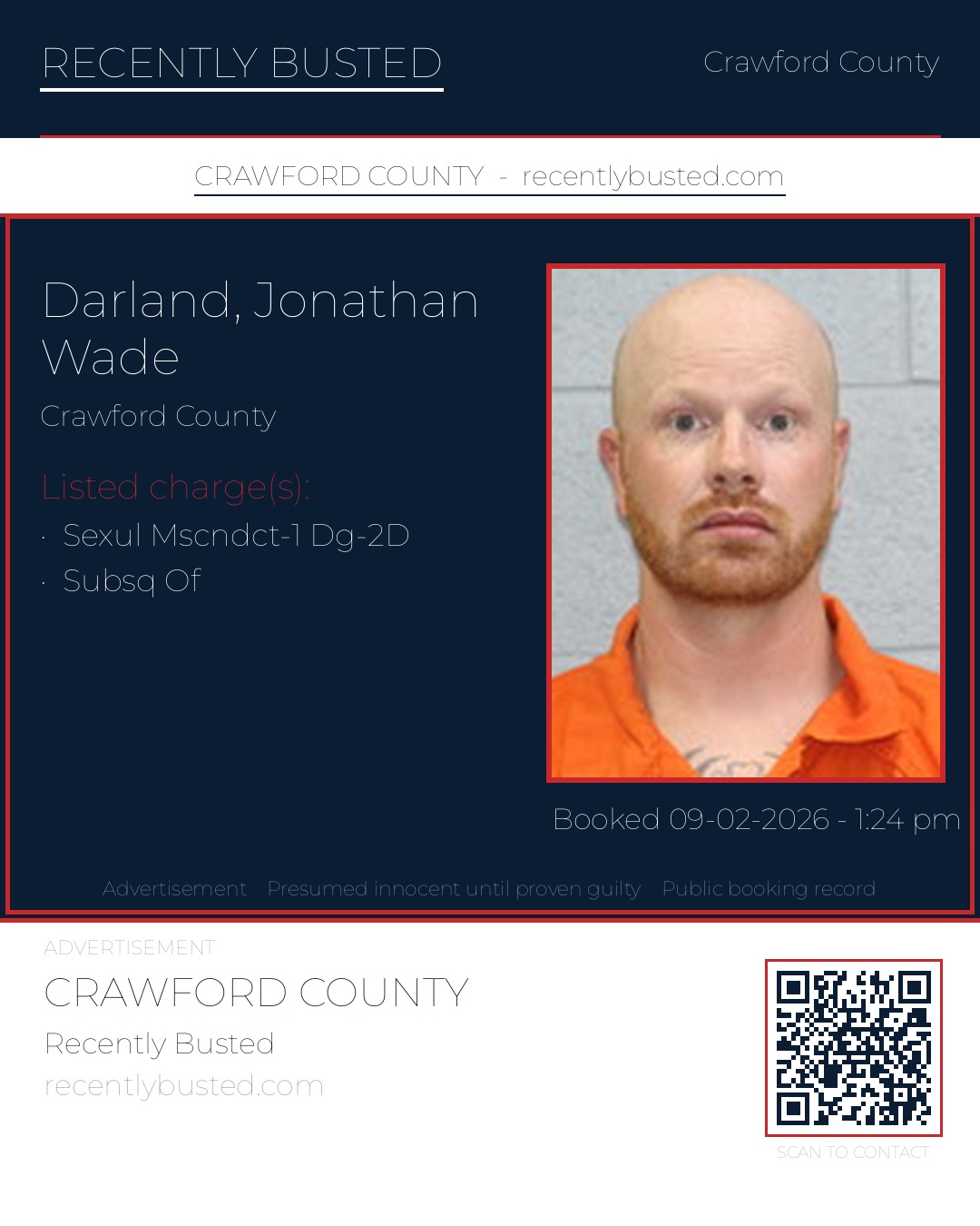 Darland, Jonathan Wade — arrest record card, Crawford County