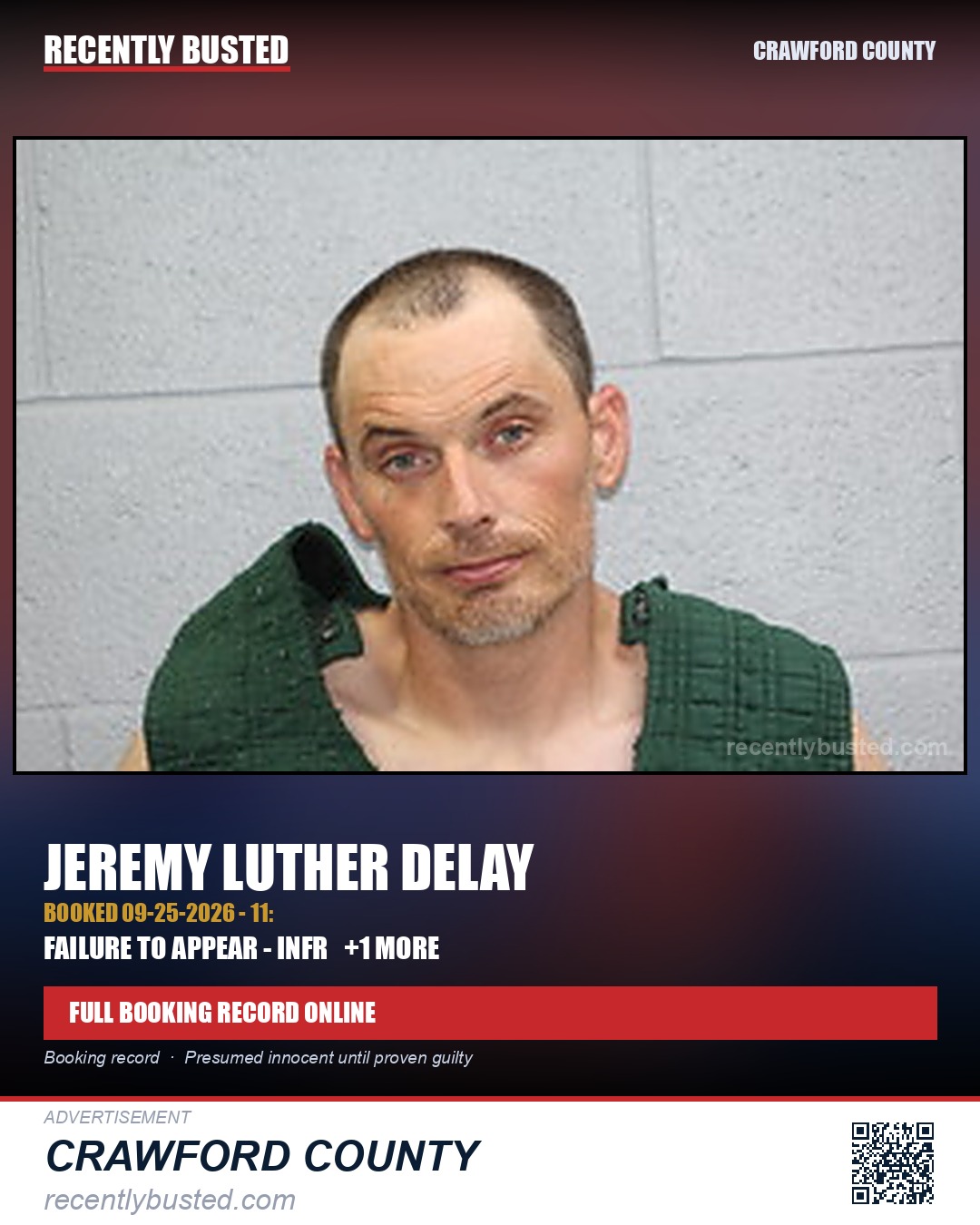 Delay, Jeremy Luther — arrest record card, Crawford County