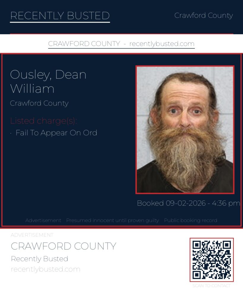 Ousley, Dean William — arrest record card, Crawford County