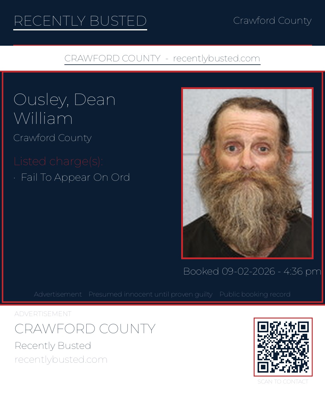 Ousley, Dean William — arrest record card, Crawford County