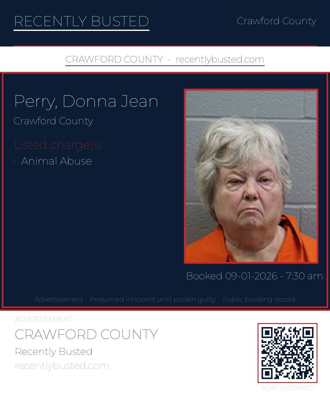 Perry, Donna Jean — arrest record card, Crawford County