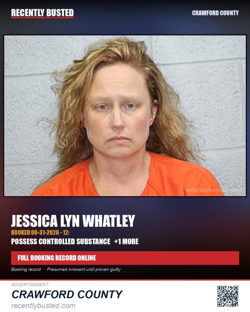 Whatley, Jessica Lyn — arrest record card, Crawford County
