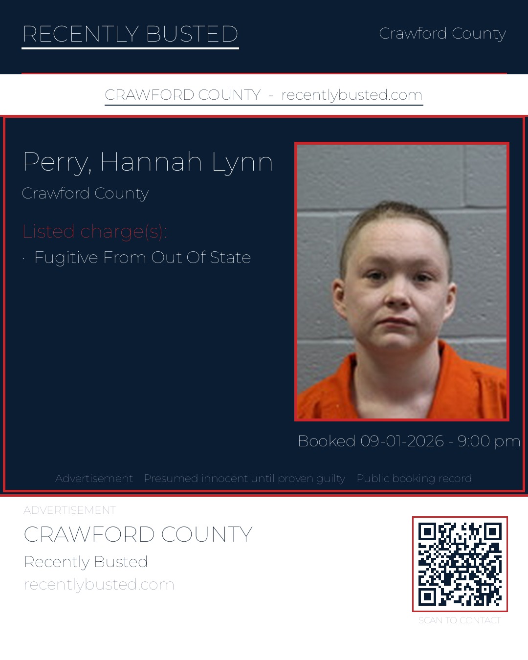 Perry, Hannah Lynn — arrest record card, Crawford County