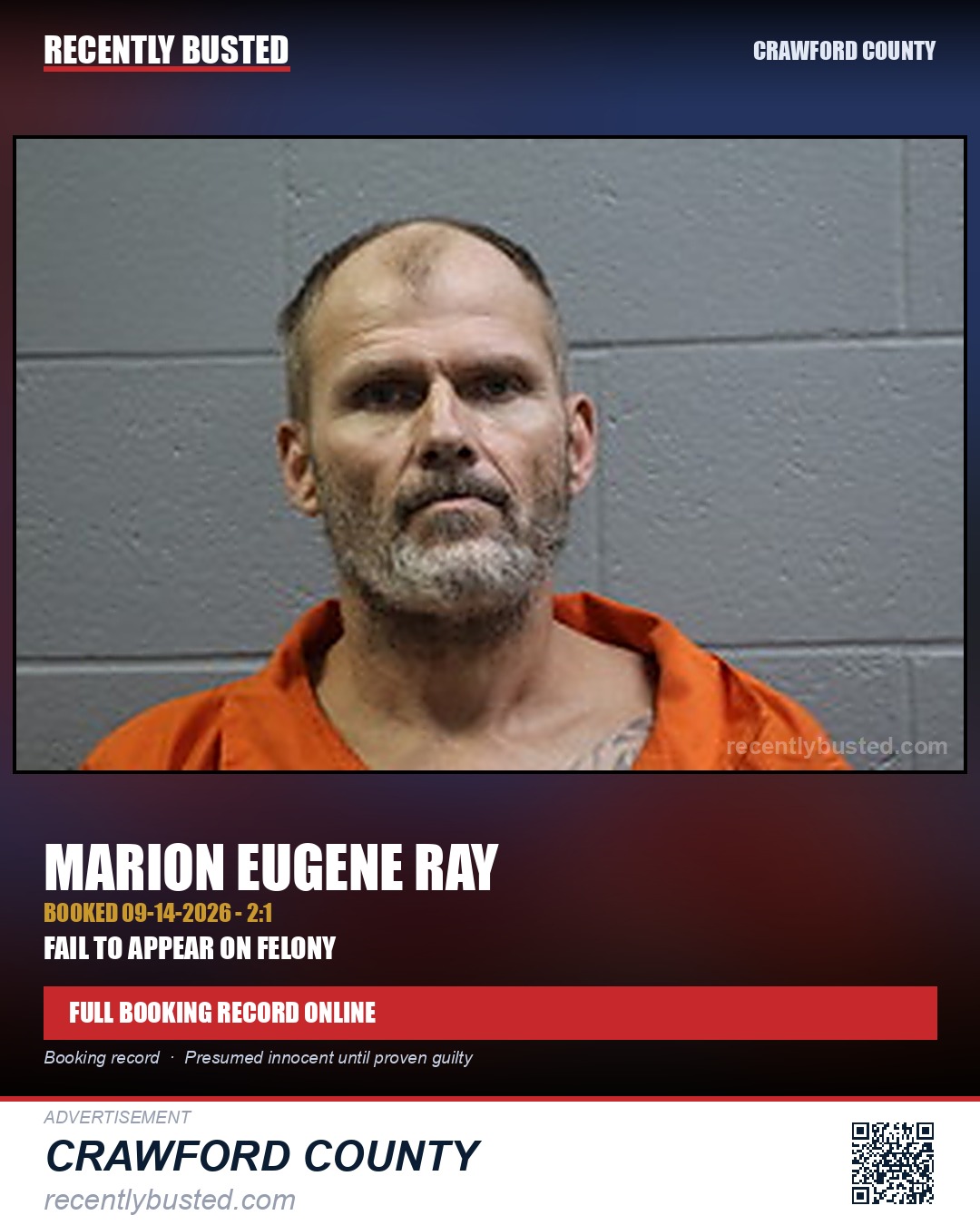Ray, Marion Eugene — arrest record card, Crawford County