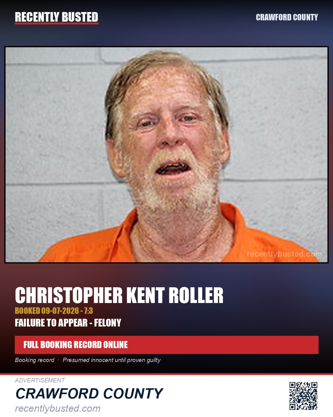 Roller, Christopher Kent — arrest record card, Crawford County