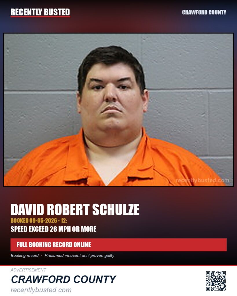 Schulze, David Robert — arrest record card, Crawford County