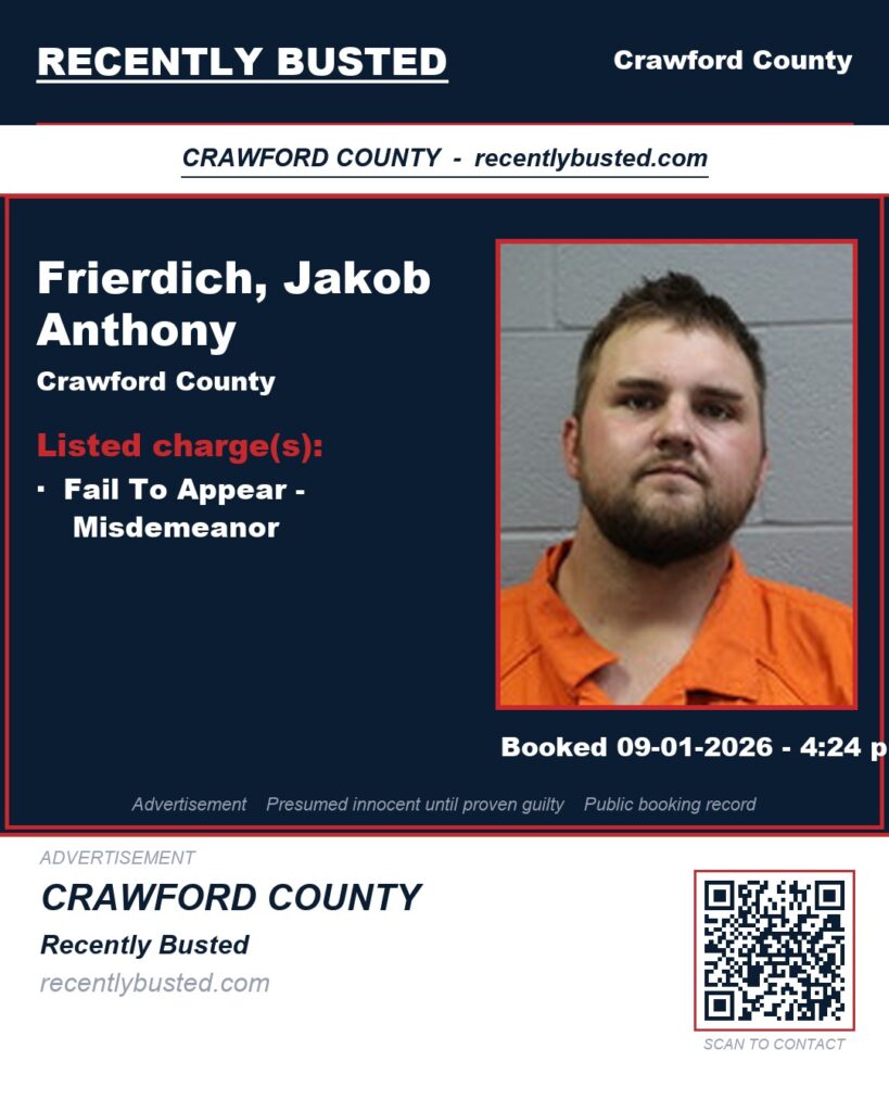 Frierdich, Jakob Anthony — arrest record card, Crawford County