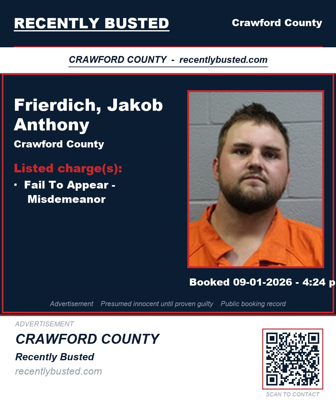 Frierdich, Jakob Anthony — arrest record card, Crawford County