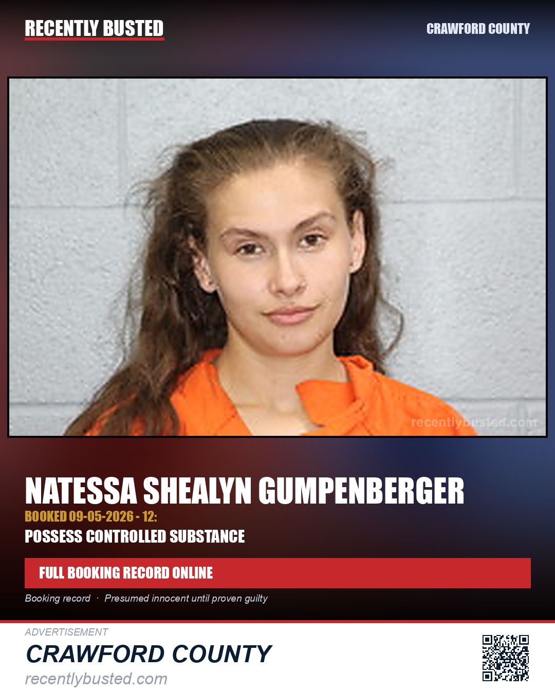 Gumpenberger, Natessa Shealyn — arrest record card, Crawford County