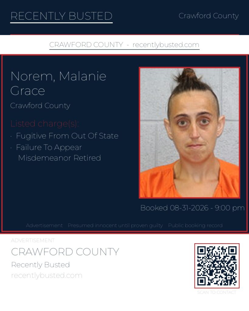 Norem, Malanie Grace — arrest record card, Missouri