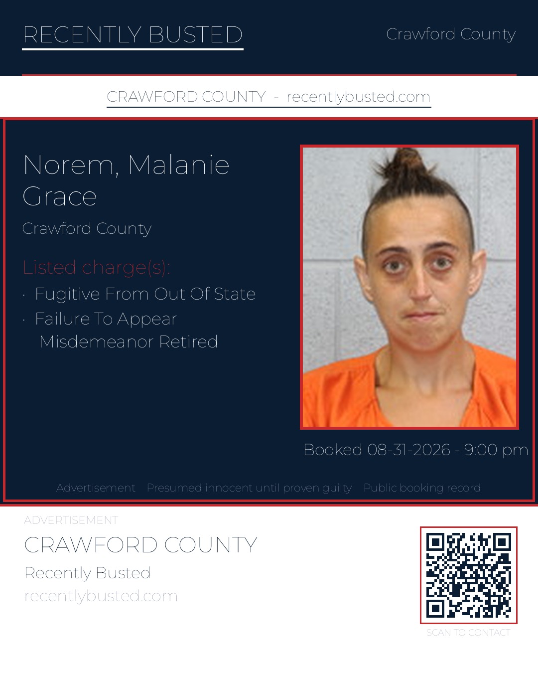 Norem, Malanie Grace — arrest record card, Crawford County