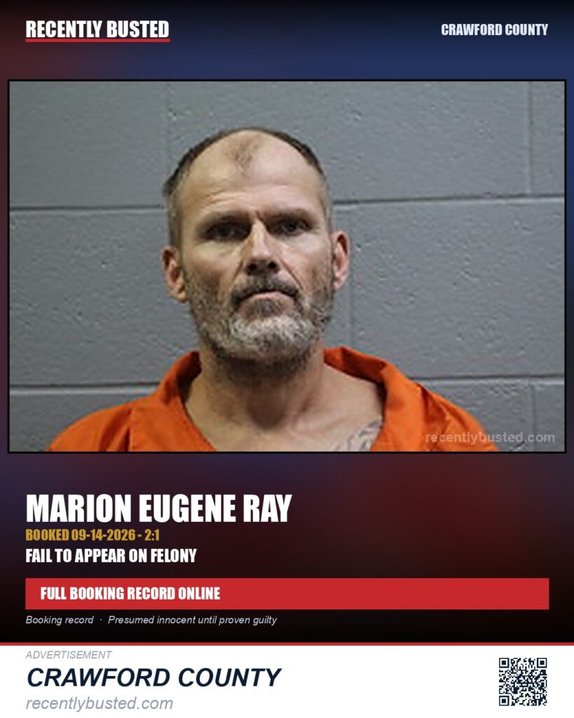 Ray, Marion Eugene — arrest record card, Crawford County