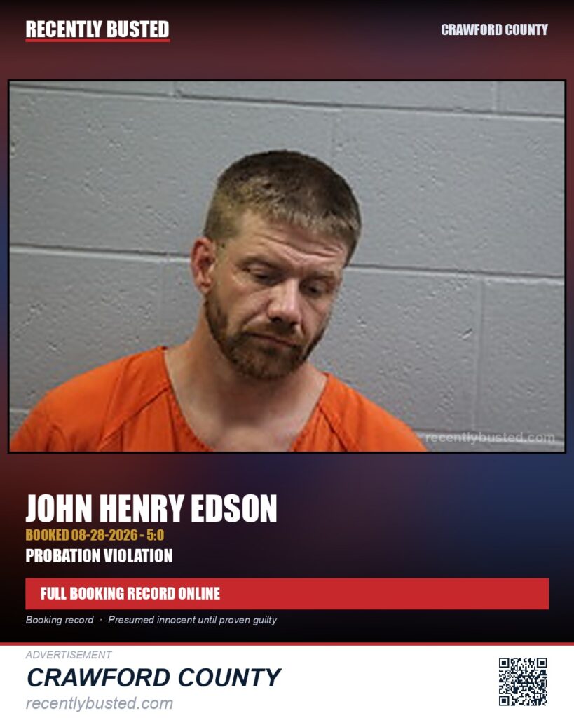 Edson, John Henry — arrest record card, Crawford County