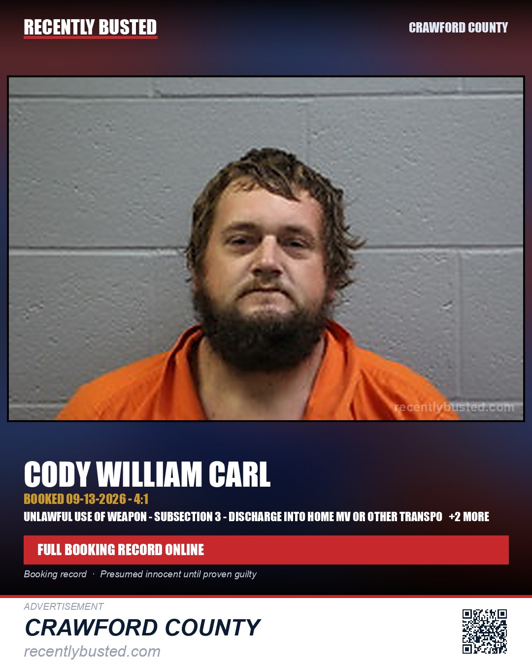 Carl, Cody William — arrest record card, Crawford County