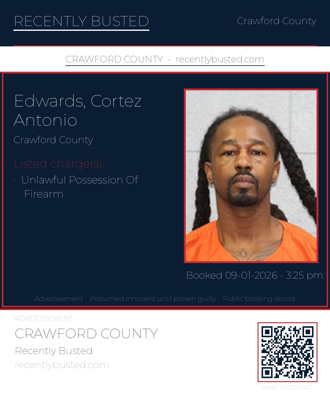 Edwards, Cortez Antonio — arrest record card, Crawford County