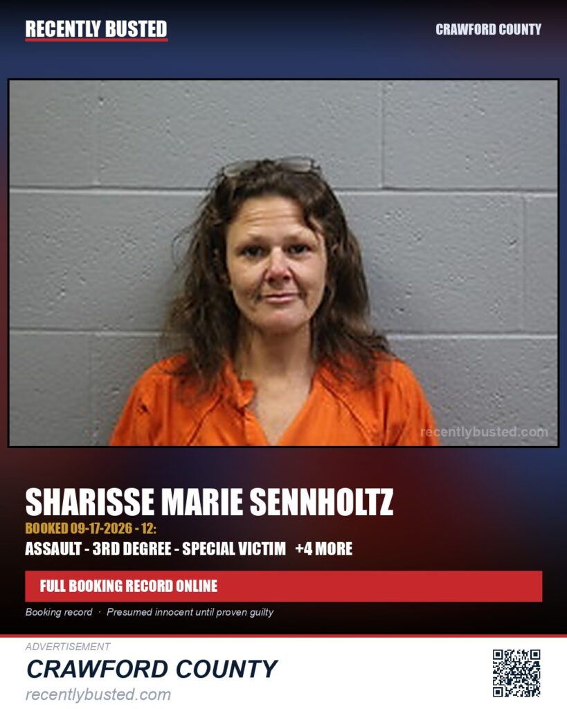 Sennholtz, Sharisse Marie — arrest record card, Crawford County