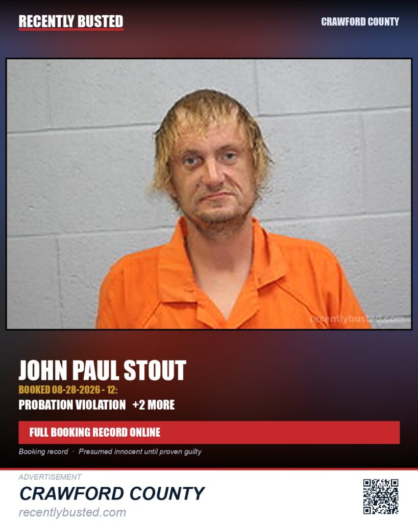Stout, John Paul — arrest record card, Crawford County