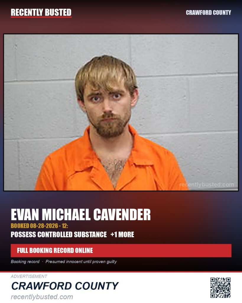Cavender, Evan Michael — arrest record card, Crawford County