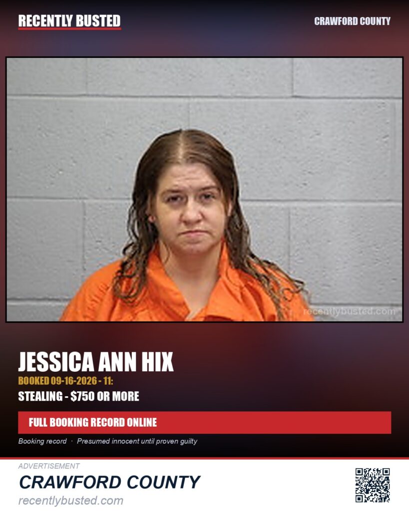 Hix, Jessica Ann — arrest record card, Crawford County