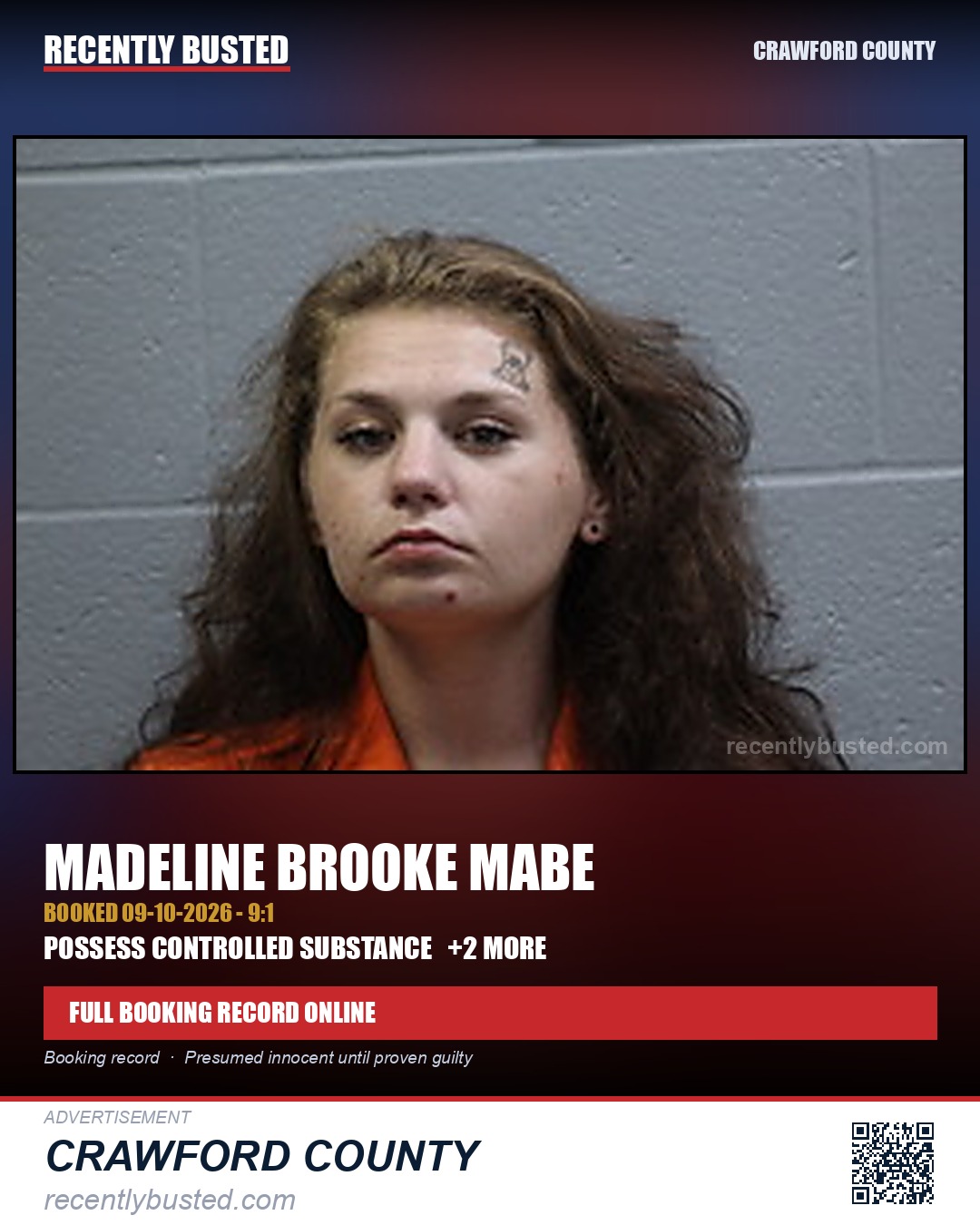 Mabe, Madeline Brooke — arrest record card, Crawford County