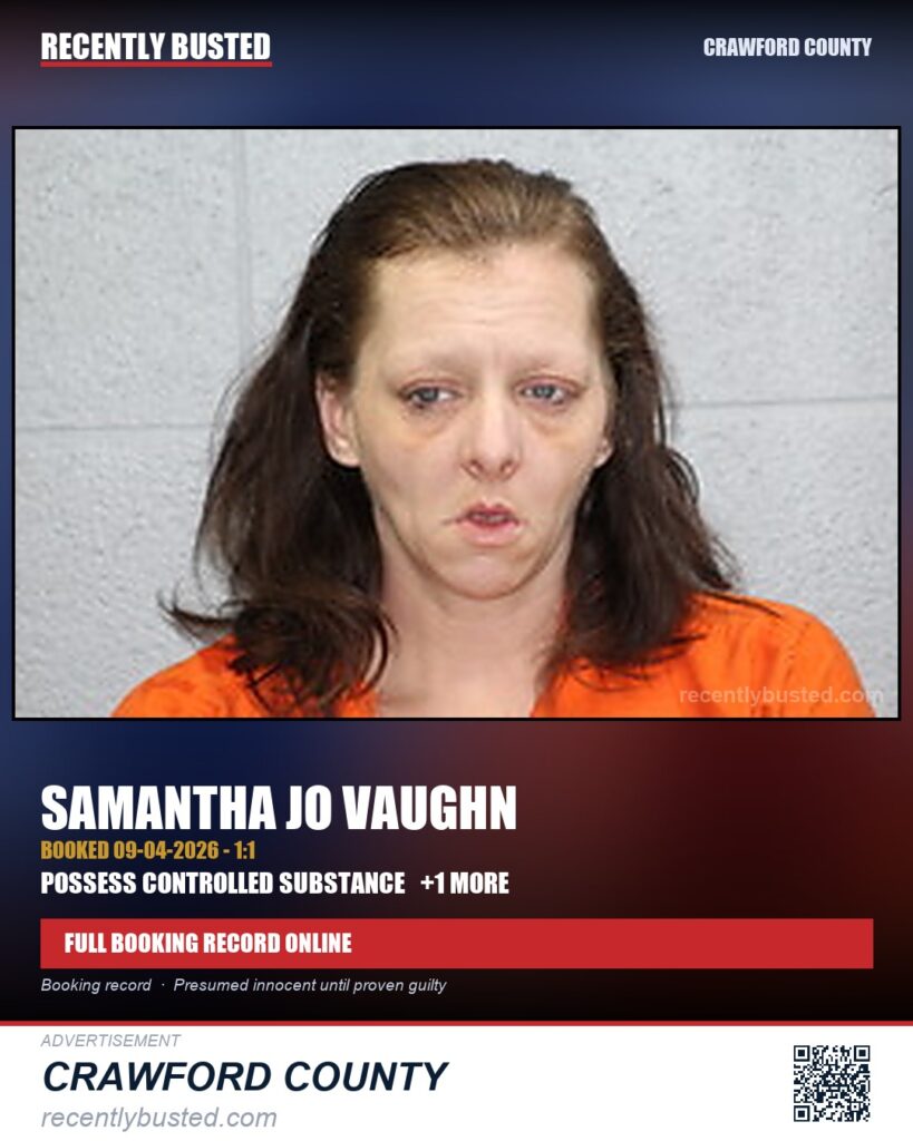 Vaughn, Samantha Jo — arrest record card, Crawford County