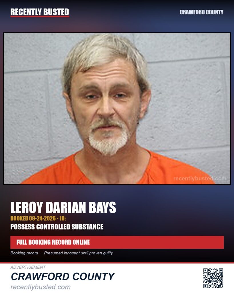 Bays, Leroy Darian — arrest record card, Crawford County