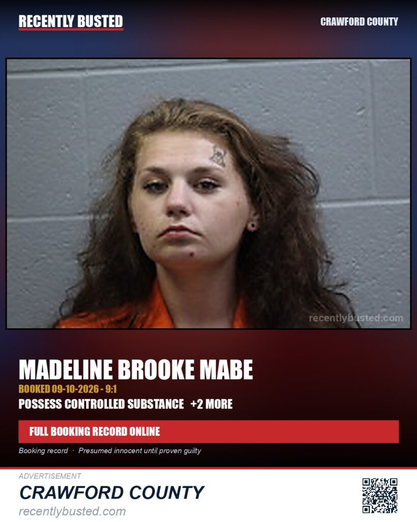 Mabe, Madeline Brooke — arrest record card, Crawford County