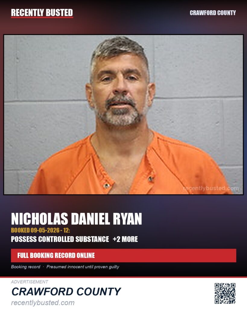 Ryan, Nicholas Daniel — arrest record card, Crawford County