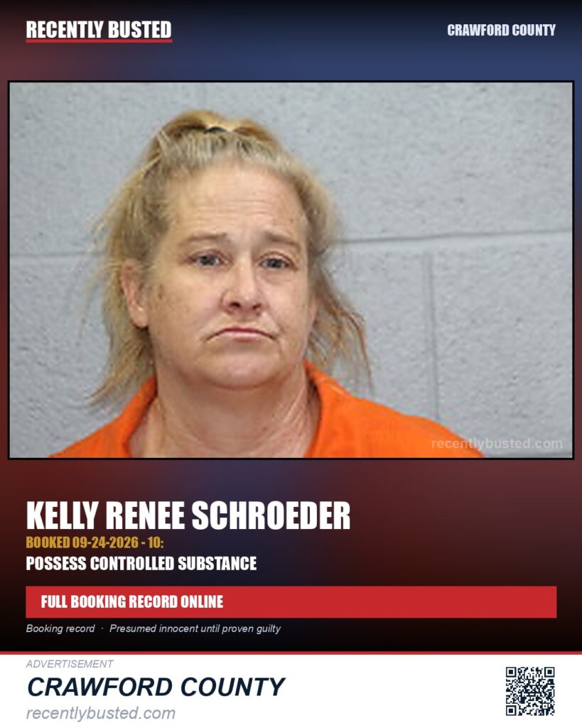 Schroeder, Kelly Renee — arrest record card, Crawford County