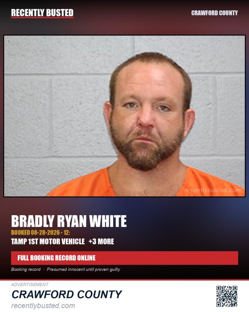 White, Bradly Ryan — arrest record card, Crawford County