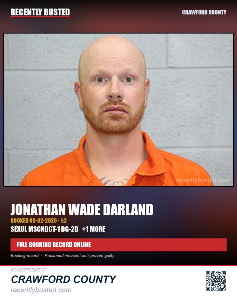 Darland, Jonathan Wade — arrest record card, Crawford County