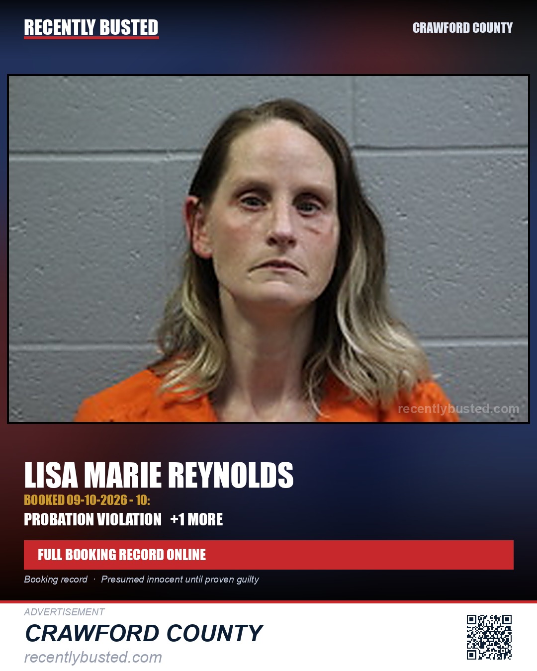 Reynolds, Lisa Marie — arrest record card, Crawford County