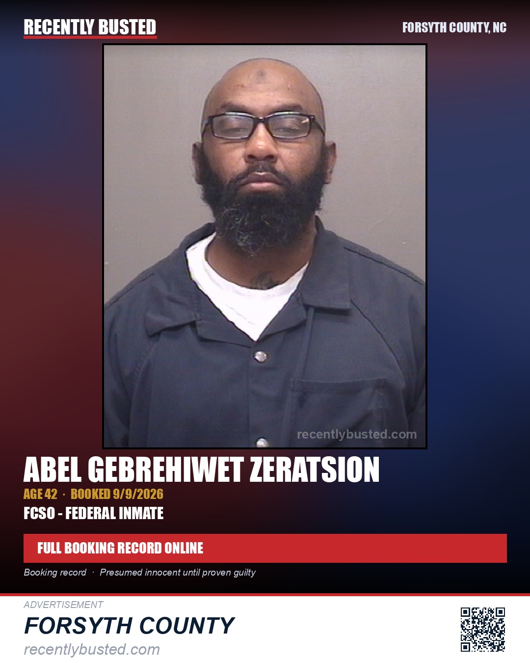 ABEL GEBREHIWET ZERATSION — arrest record card, Forsyth County, North Carolina