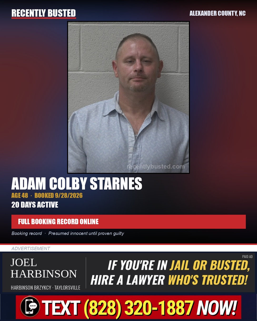ADAM COLBY STARNES — arrest record card, Alexander County, North Carolina