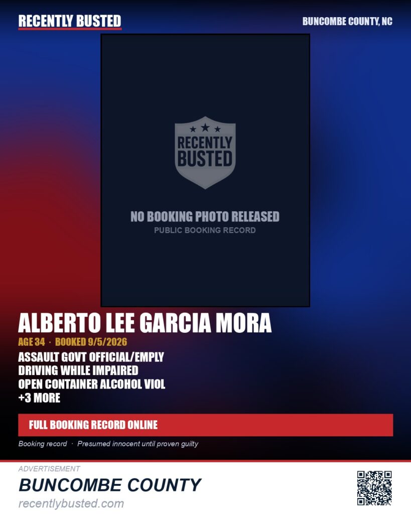 ALBERTO LEE GARCIA MORA — arrest record card, Buncombe County, North Carolina