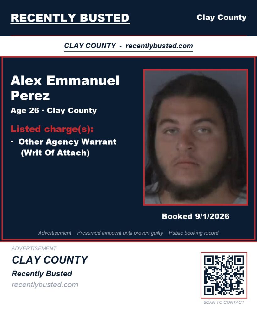 ALEX EMMANUEL PEREZ — arrest record card, Clay County, Florida