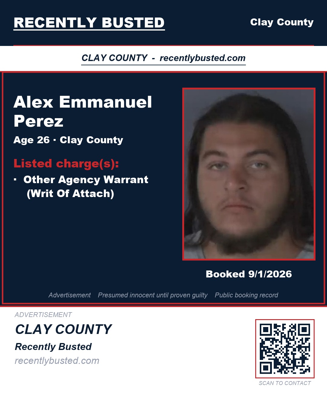 ALEX EMMANUEL PEREZ — arrest record card, Clay County, Florida