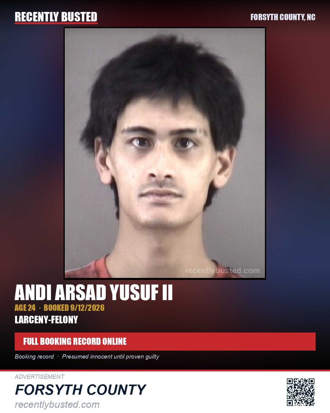 ANDI ARSAD YUSUF II — arrest record card, Forsyth County, North Carolina
