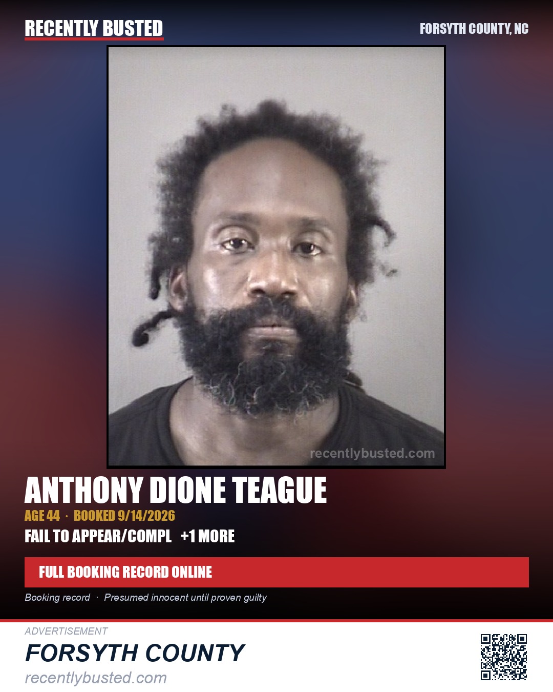 ANTHONY DIONE TEAGUE — arrest record card, Forsyth County, North Carolina