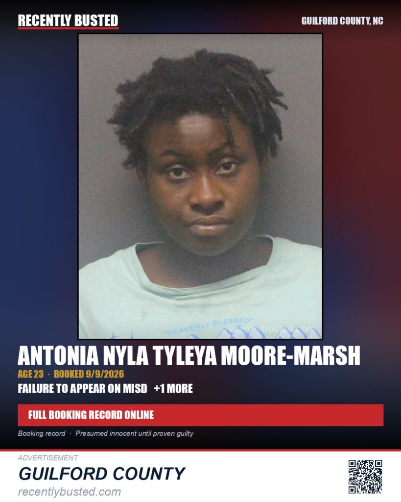ANTONIA NYLA TYLEYA MOORE-MARSH — arrest record card, Guilford County, North Carolina