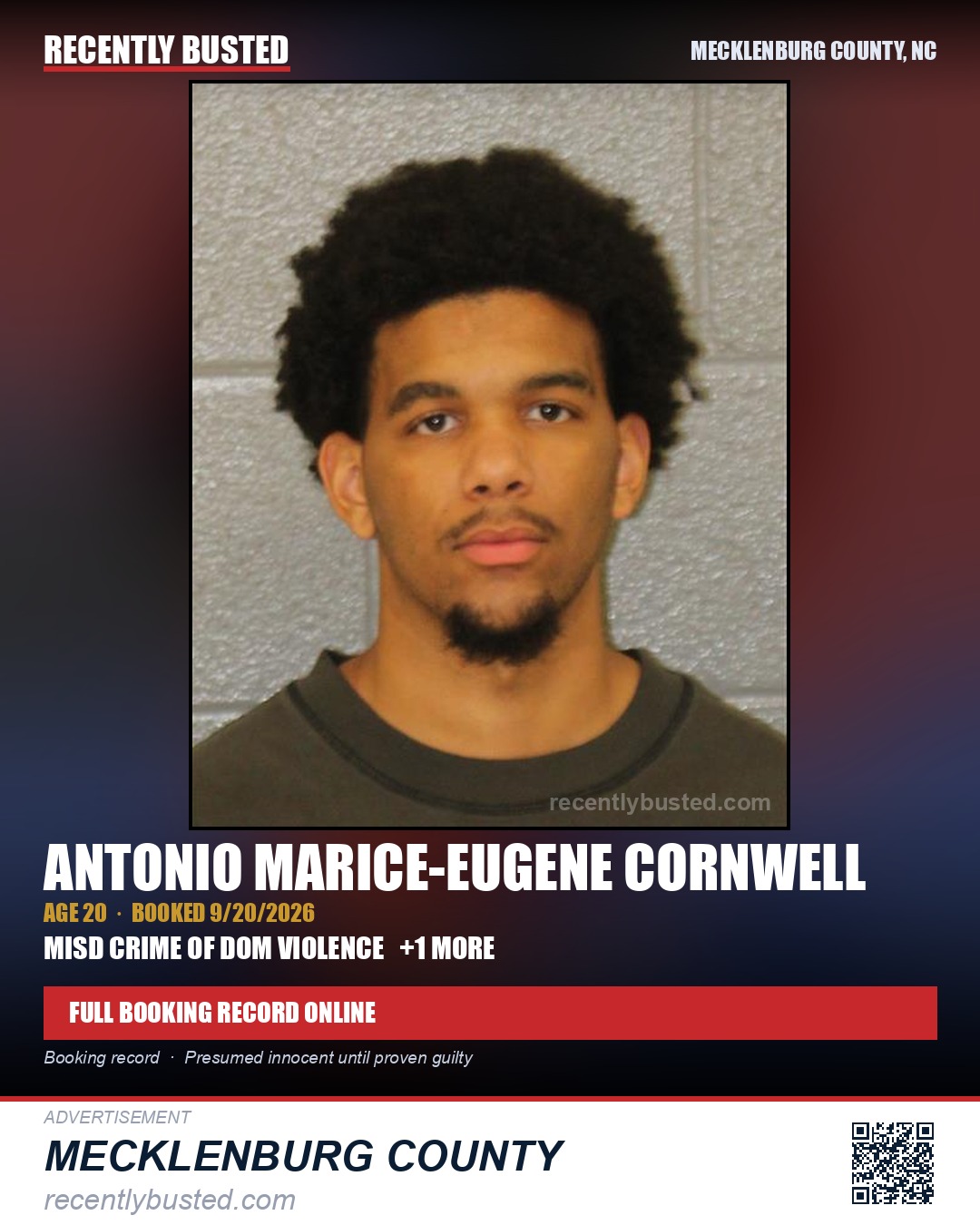 ANTONIO MARICE-EUGENE CORNWELL — arrest record card, Mecklenburg County, North Carolina