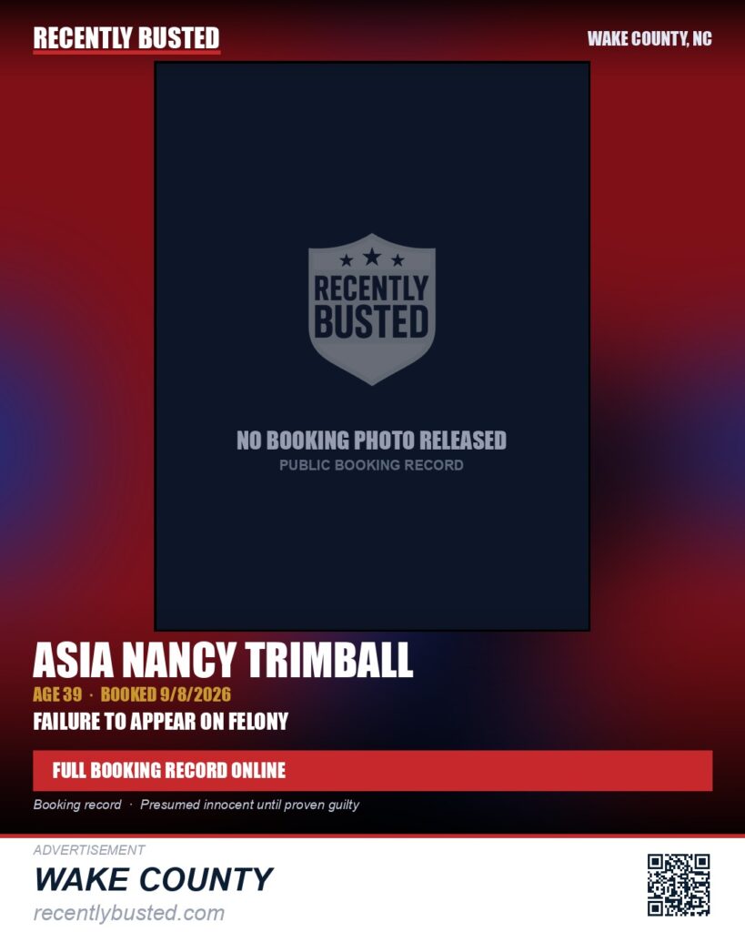 ASIA NANCY TRIMBALL — arrest record card, Wake County, North Carolina