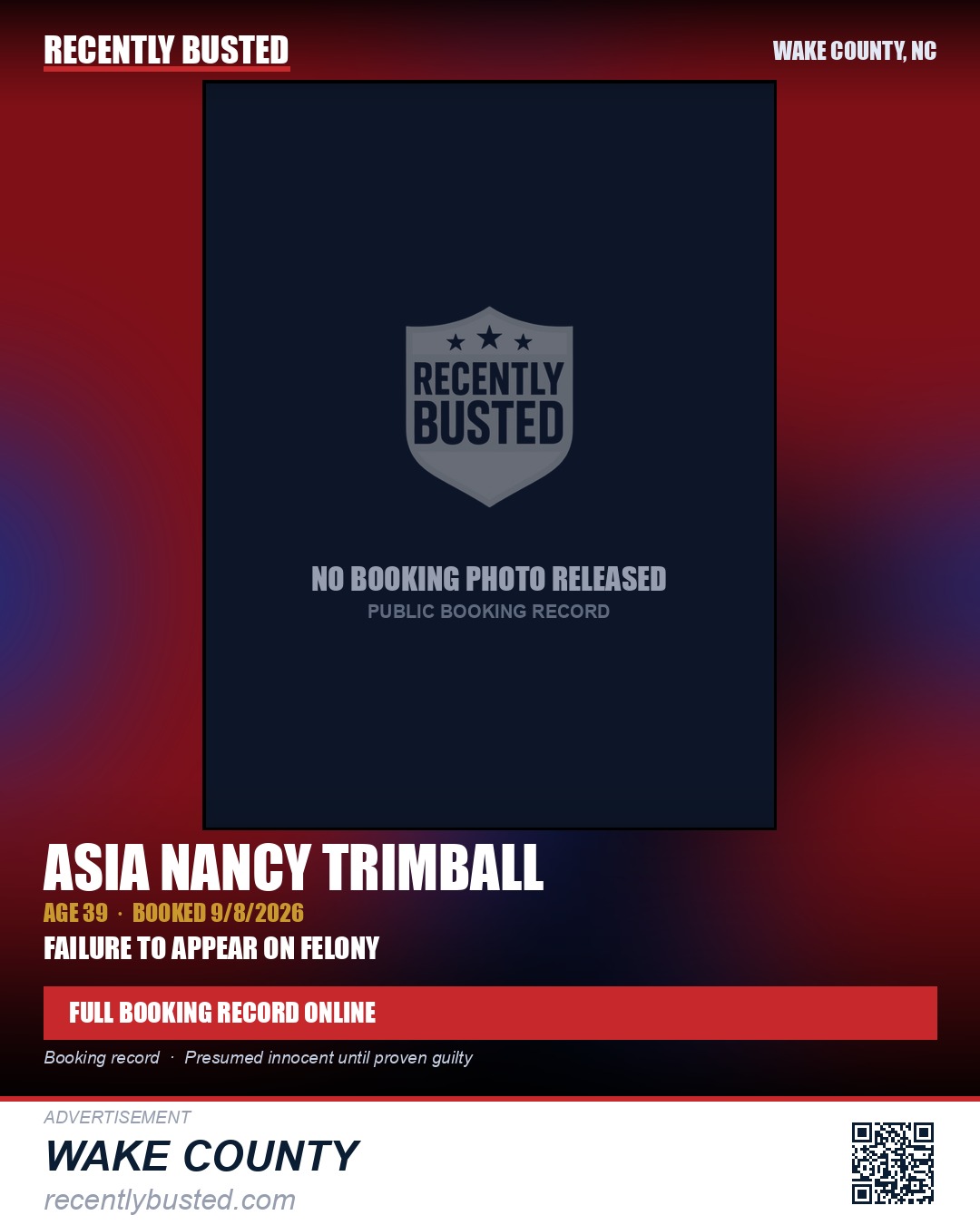 ASIA NANCY TRIMBALL — arrest record card, Wake County, North Carolina
