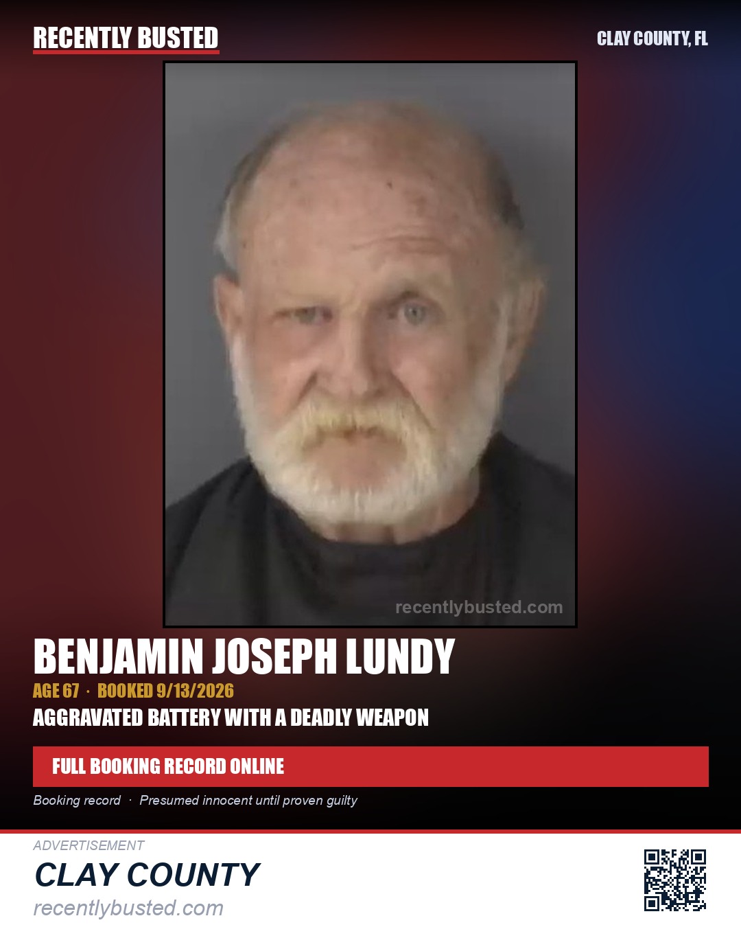 BENJAMIN JOSEPH LUNDY — arrest record card, Clay County, Florida