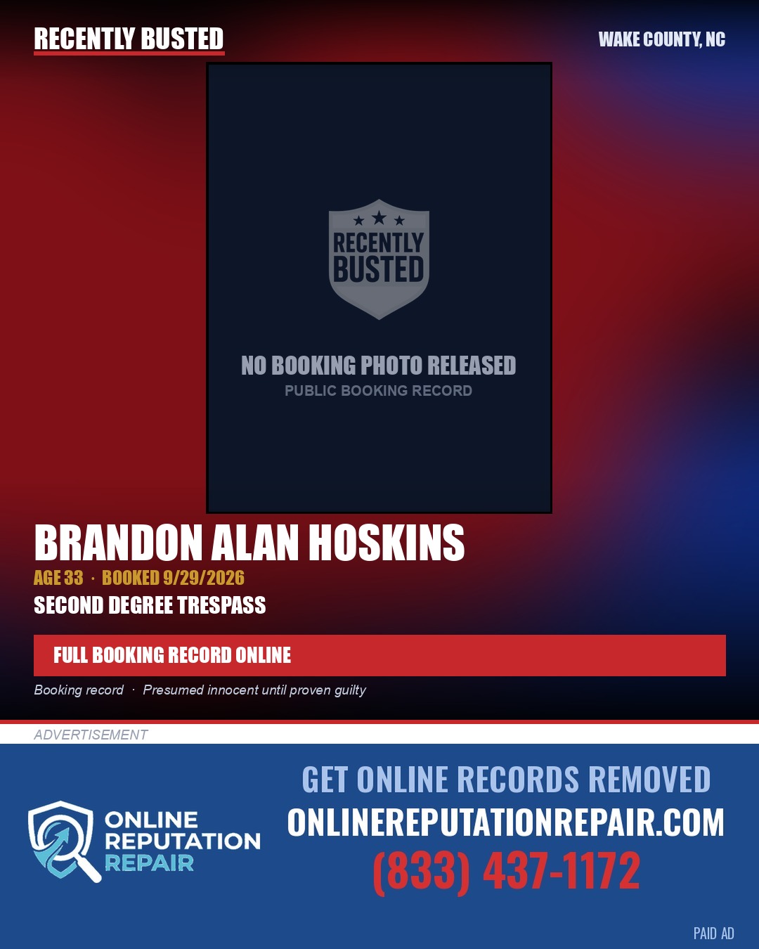 BRANDON ALAN HOSKINS — arrest record card, Wake County, North Carolina