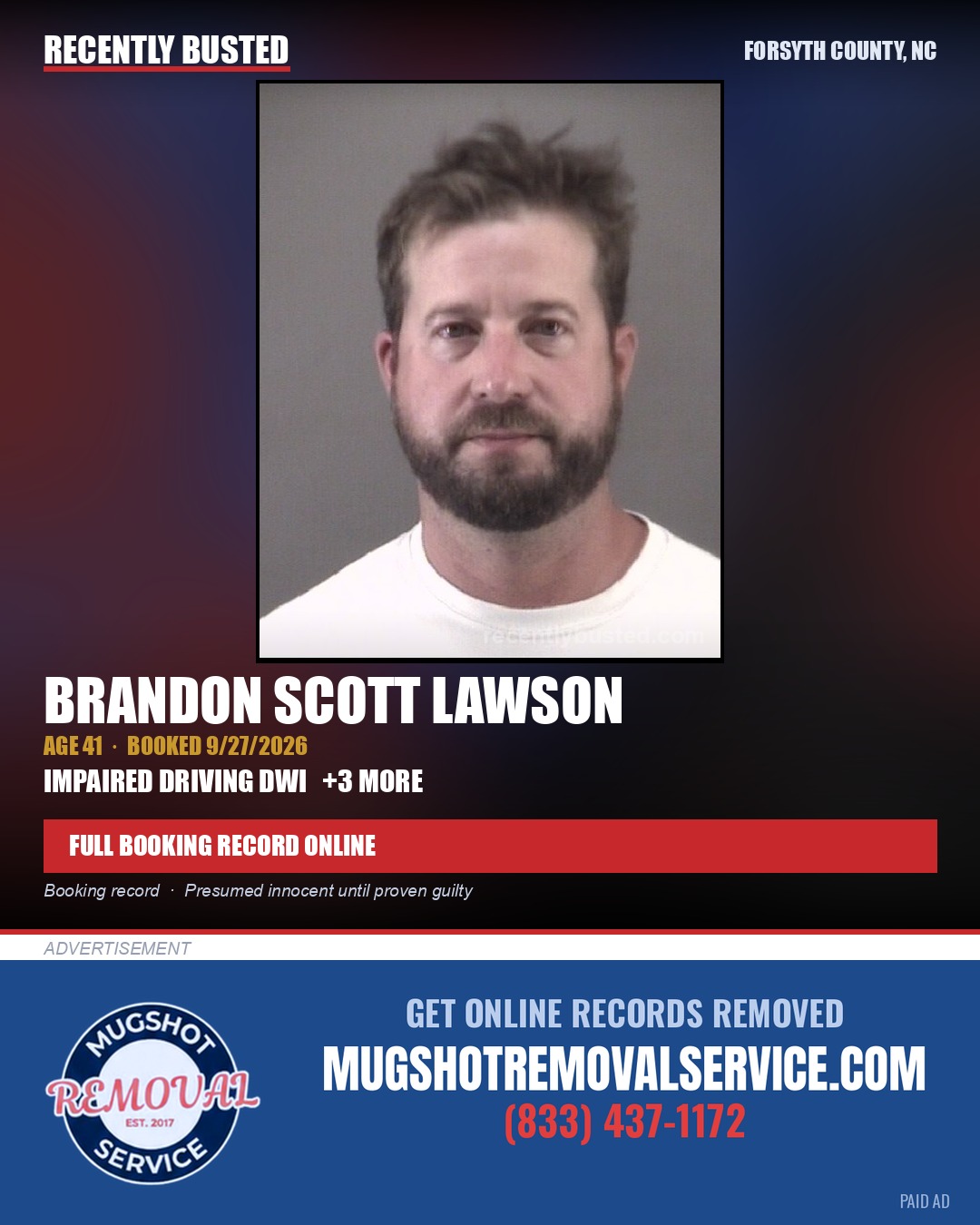 BRANDON SCOTT LAWSON — arrest record card, Forsyth County, North Carolina