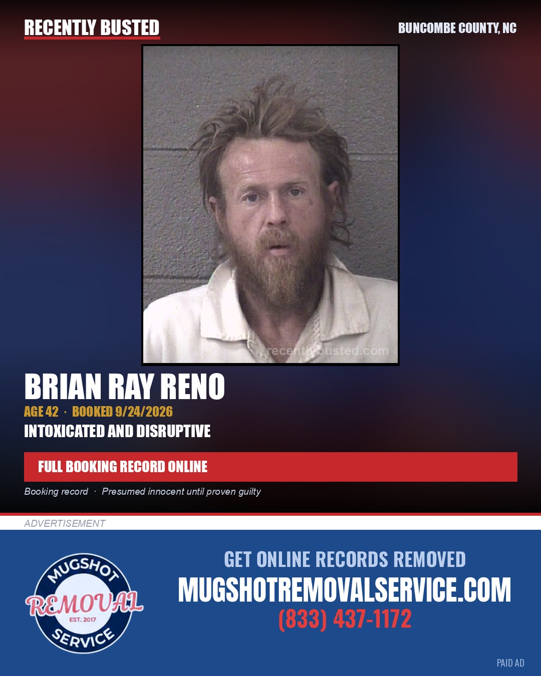 BRIAN RAY RENO — arrest record card, Buncombe County, North Carolina
