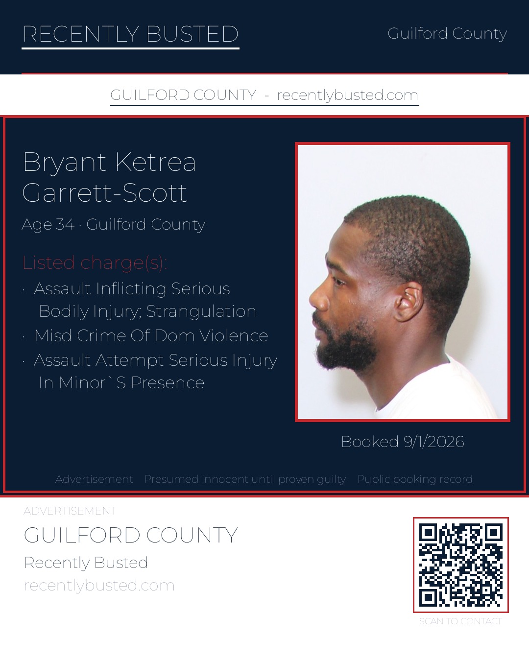 BRYANT KETREA GARRETT-SCOTT — arrest record card, Guilford County, North Carolina