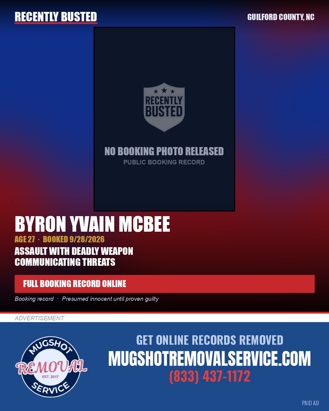 BYRON YVAIN MCBEE — arrest record card, Guilford County, North Carolina